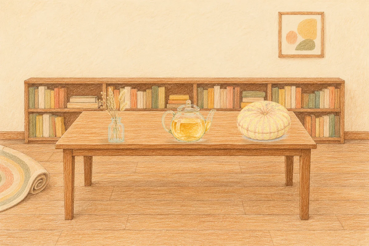 청담동 여성전용 어깨 마사지 안내 그림, 낮의 서재 긴 책상 위에 놓인 마른 풀을 꽂은 항아리, 유리 티포트, 둥근 쿠션