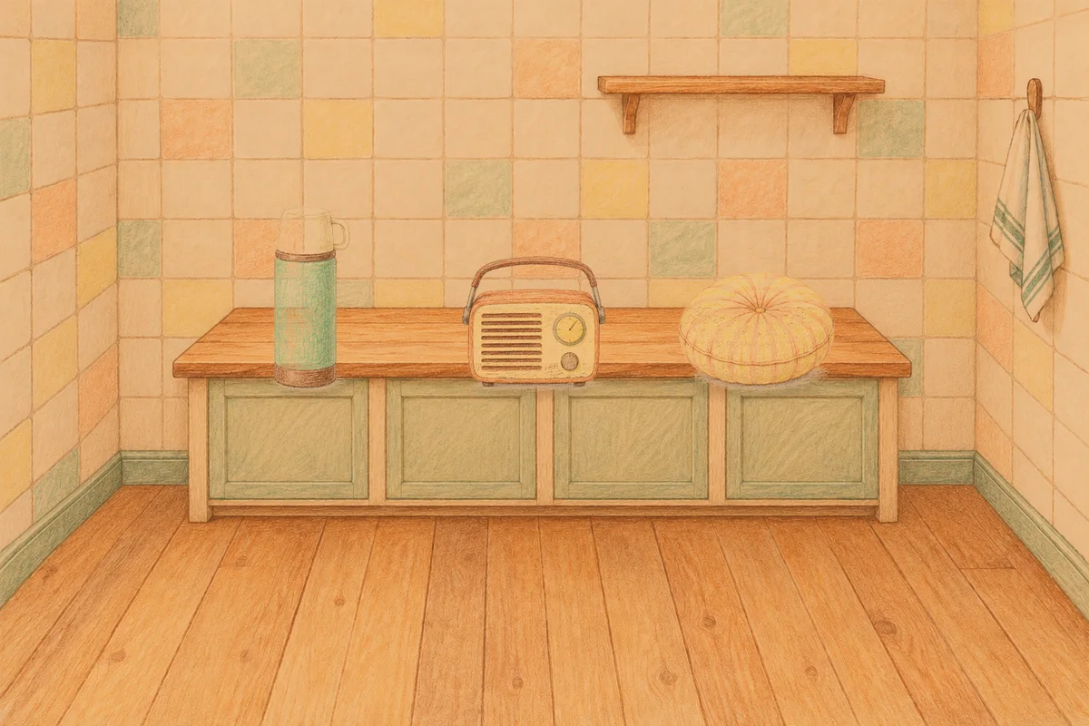 청담동 여성전용 수면 케어 안내 그림, 저녁의 부엌 나무 조리대 위에 놓인 보온병, 작은 라디오, 둥근 쿠션