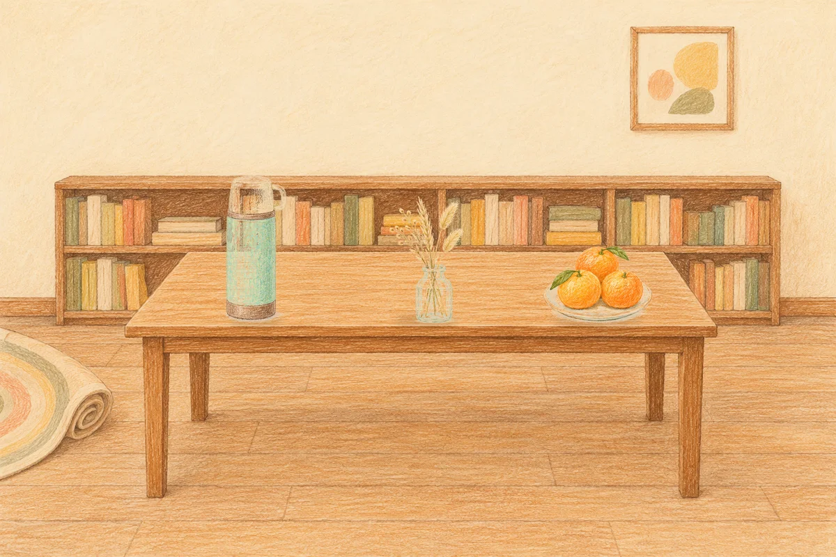 청담동 여성전용 스트레스 케어 안내 그림, 낮의 서재 긴 책상 위에 놓인 보온병, 마른 풀을 꽂은 항아리, 귤이 담긴 접시