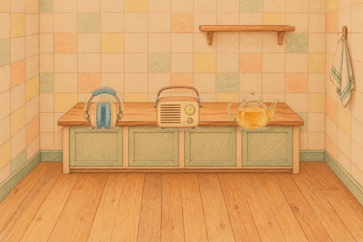 청담동 여성전용 피로 회복 마사지 안내 그림, 저녁의 부엌 나무 조리대 위에 놓인 헤드폰, 작은 라디오, 유리 티포트