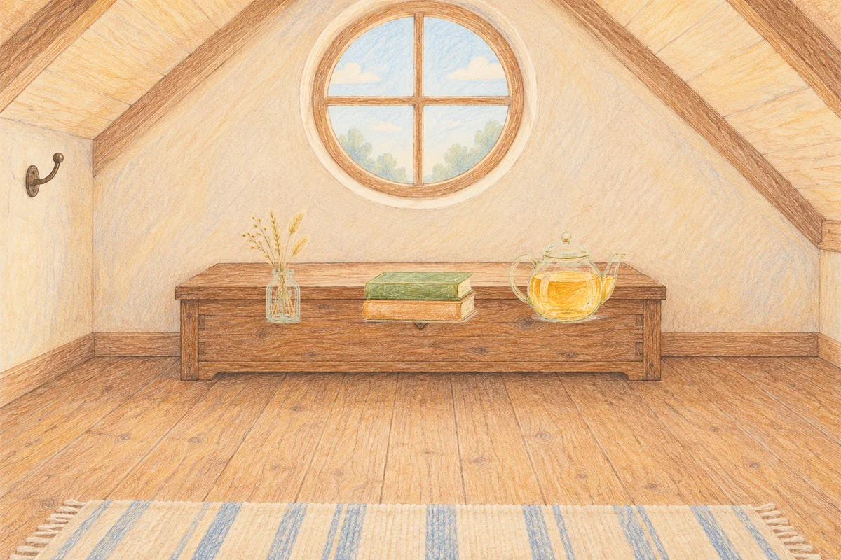 청담동 여성전용 샵 마사지 안내 그림, 낮의 다락방 나무 궤짝 위에 놓인 마른 풀을 꽂은 항아리, 책 두 권, 유리 티포트