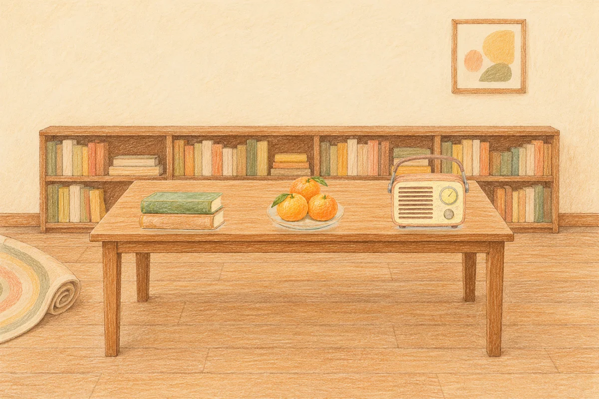 청담동 여성전용 예약 마사지 안내 그림, 낮의 서재 긴 책상 위에 놓인 책 두 권, 귤이 담긴 접시, 작은 라디오