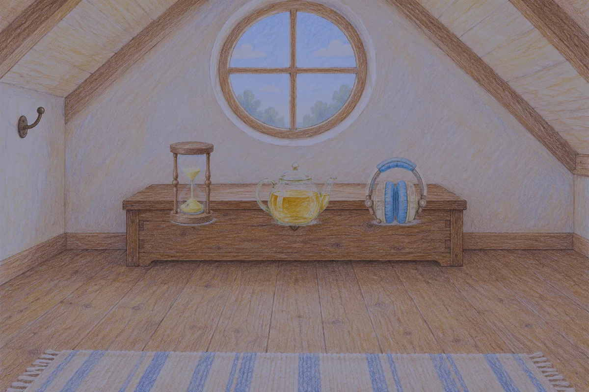 청담동 여성전용 후기 마사지 안내 그림, 밤의 다락방 나무 궤짝 위에 놓인 모래시계, 유리 티포트, 헤드폰