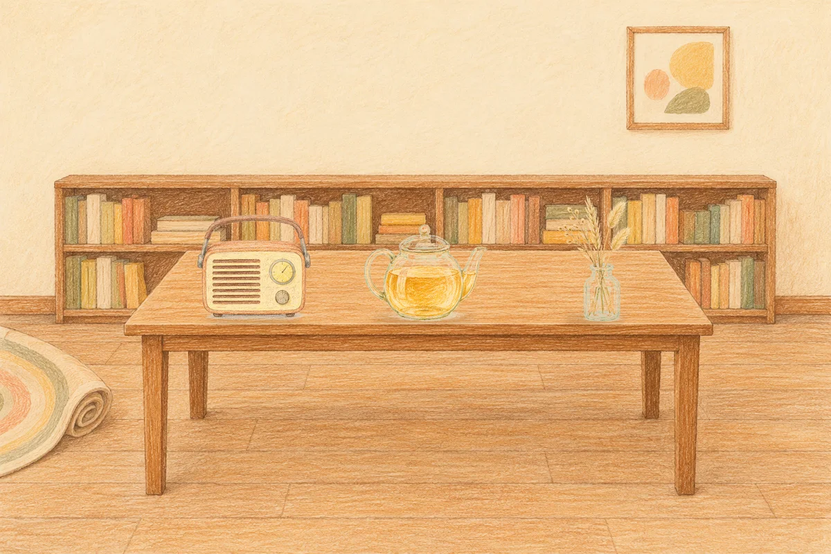청담동 여성전용 가격 마사지 안내 그림, 낮의 서재 긴 책상 위에 놓인 작은 라디오, 유리 티포트, 마른 풀을 꽂은 항아리