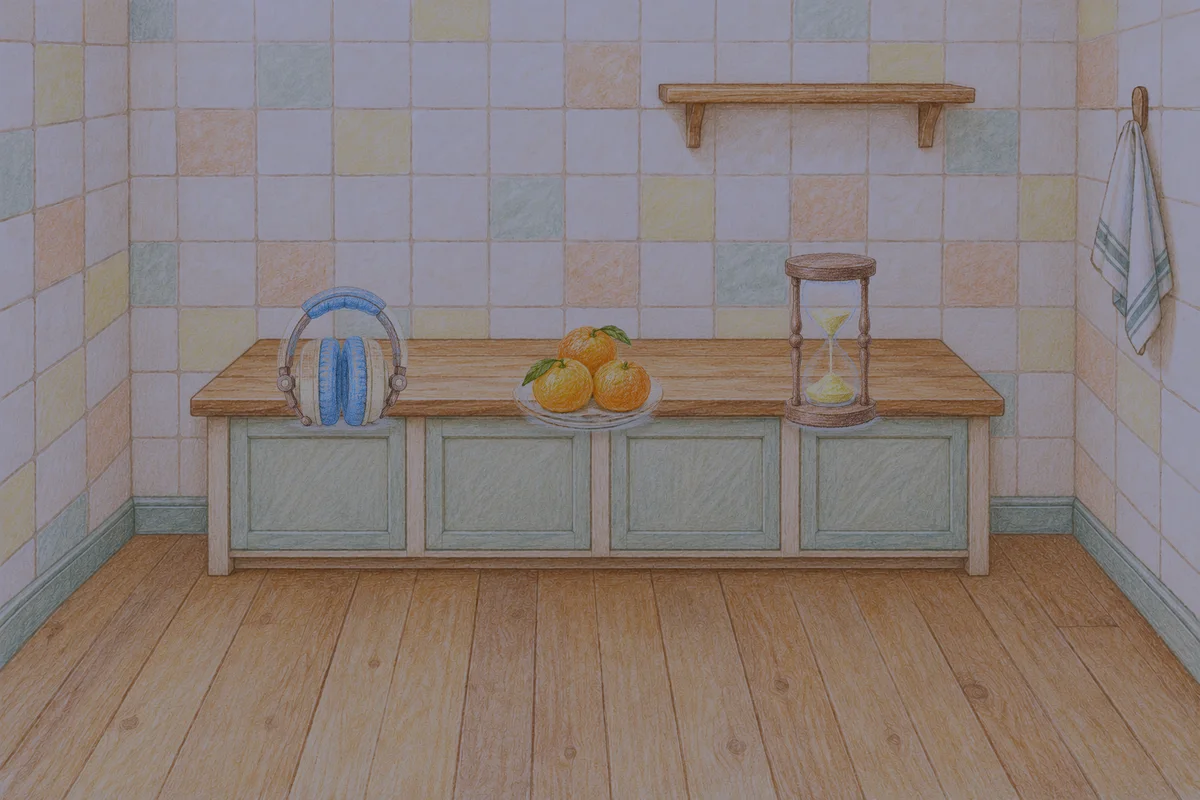청담동 여성전용 출장 마사지 안내 그림, 밤의 부엌 나무 조리대 위에 놓인 헤드폰, 귤이 담긴 접시, 모래시계