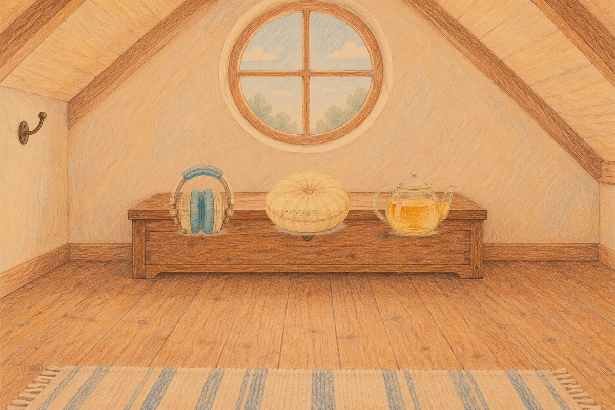 청담동 여성전용 출장 마사지 후기 안내 그림, 저녁의 다락방 나무 궤짝 위에 놓인 헤드폰, 둥근 쿠션, 유리 티포트