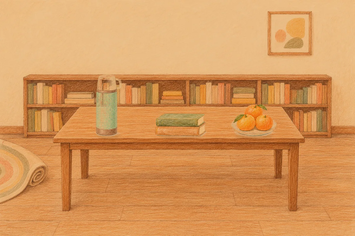삼성동 여성전용 아로마 마사지 안내 그림, 저녁의 서재 긴 책상 위에 놓인 보온병, 책 두 권, 귤이 담긴 접시