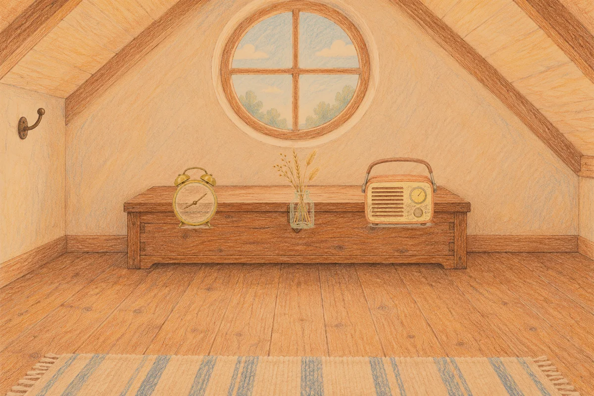 삼성동 여성전용 스웨디시 홈케어 안내 그림, 저녁의 다락방 나무 궤짝 위에 놓인 둥근 알람시계, 마른 풀을 꽂은 항아리, 작은 라디오