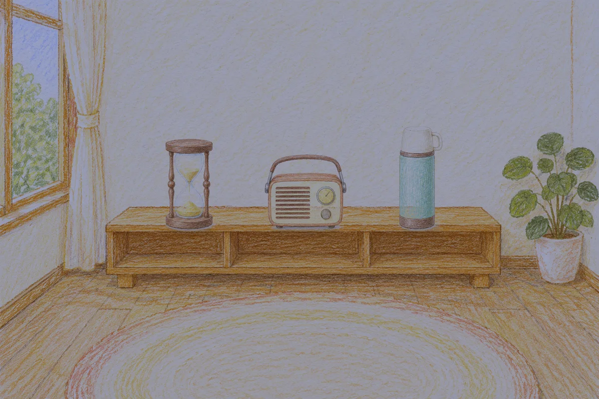 삼성동 여성전용 라벤더 아로마 안내 그림, 밤의 창가 낮은 선반 위에 놓인 모래시계, 작은 라디오, 보온병