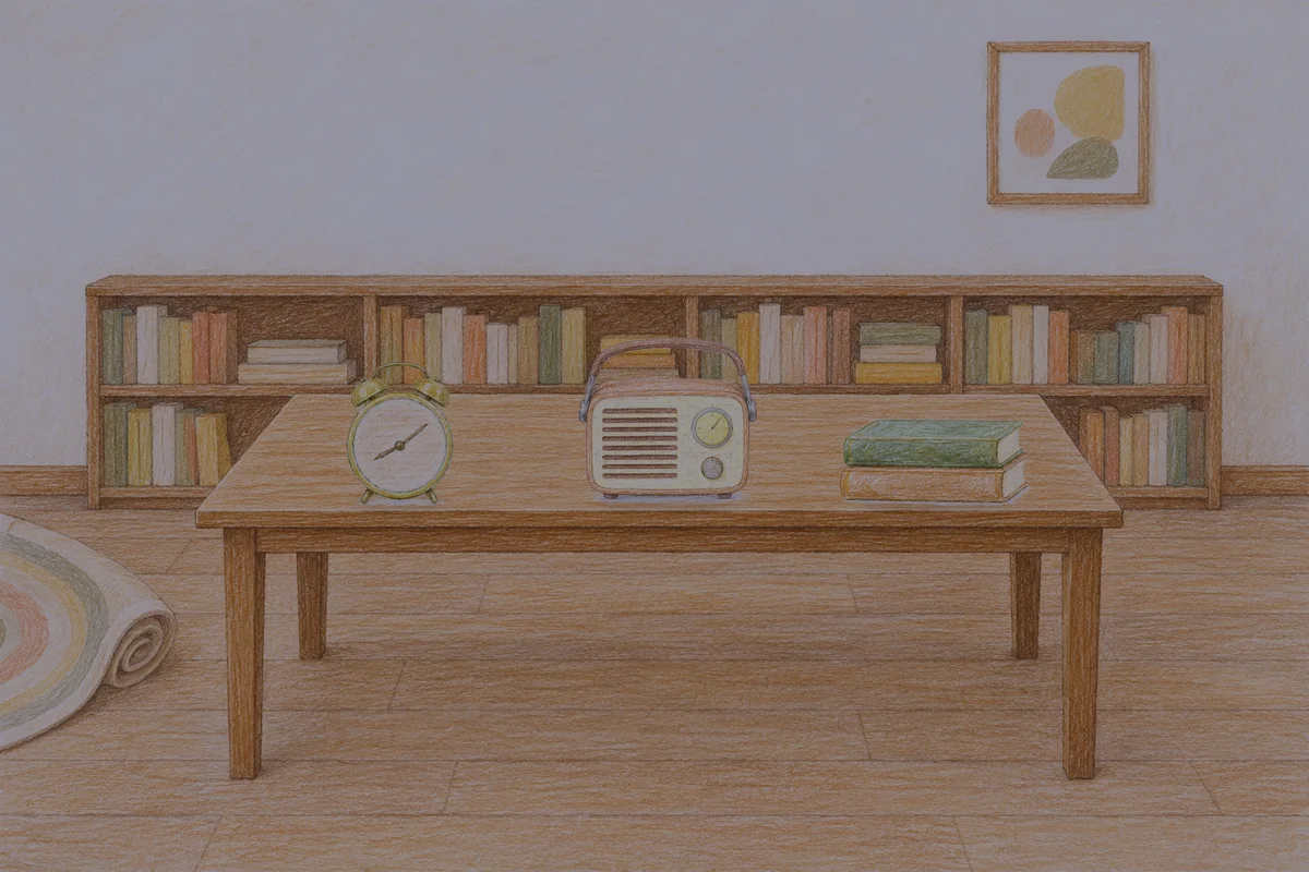 삼성동 여성전용 스웨디시 가격 안내 그림, 밤의 서재 긴 책상 위에 놓인 둥근 알람시계, 작은 라디오, 책 두 권