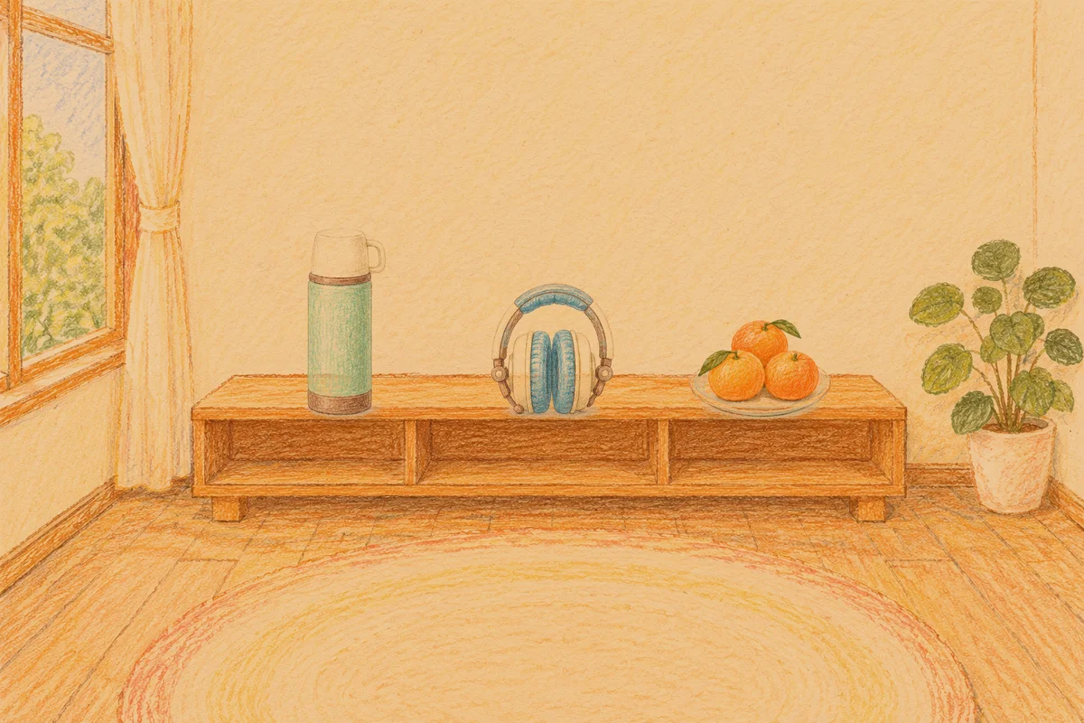 삼성동 여성전용 아로마 추천 안내 그림, 저녁의 창가 낮은 선반 위에 놓인 보온병, 헤드폰, 귤이 담긴 접시