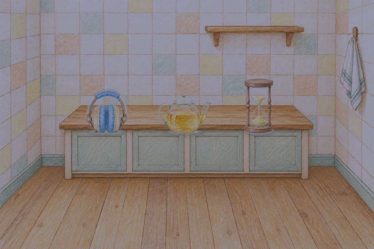 삼성동 여성전용 경락 마사지 안내 그림, 밤의 부엌 나무 조리대 위에 놓인 헤드폰, 유리 티포트, 모래시계