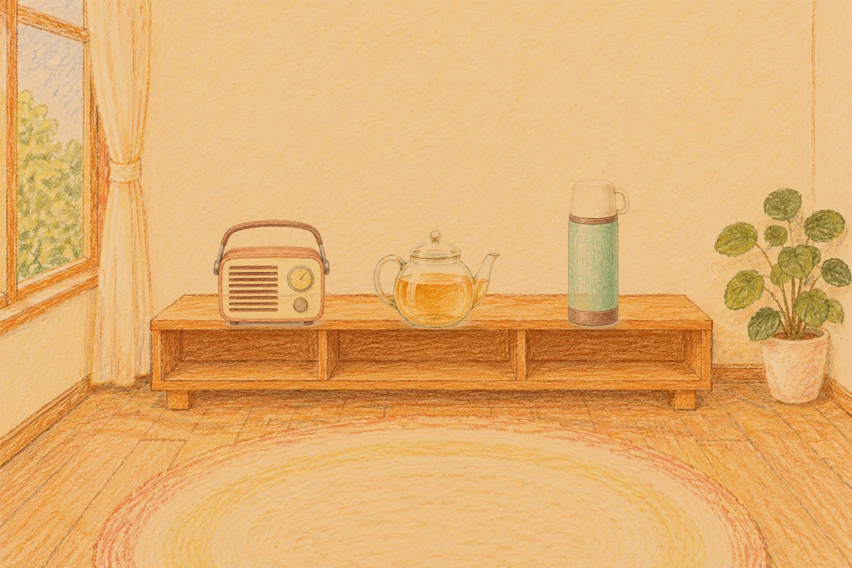 삼성동 여성전용 얼굴 경락 안내 그림, 저녁의 창가 낮은 선반 위에 놓인 작은 라디오, 유리 티포트, 보온병