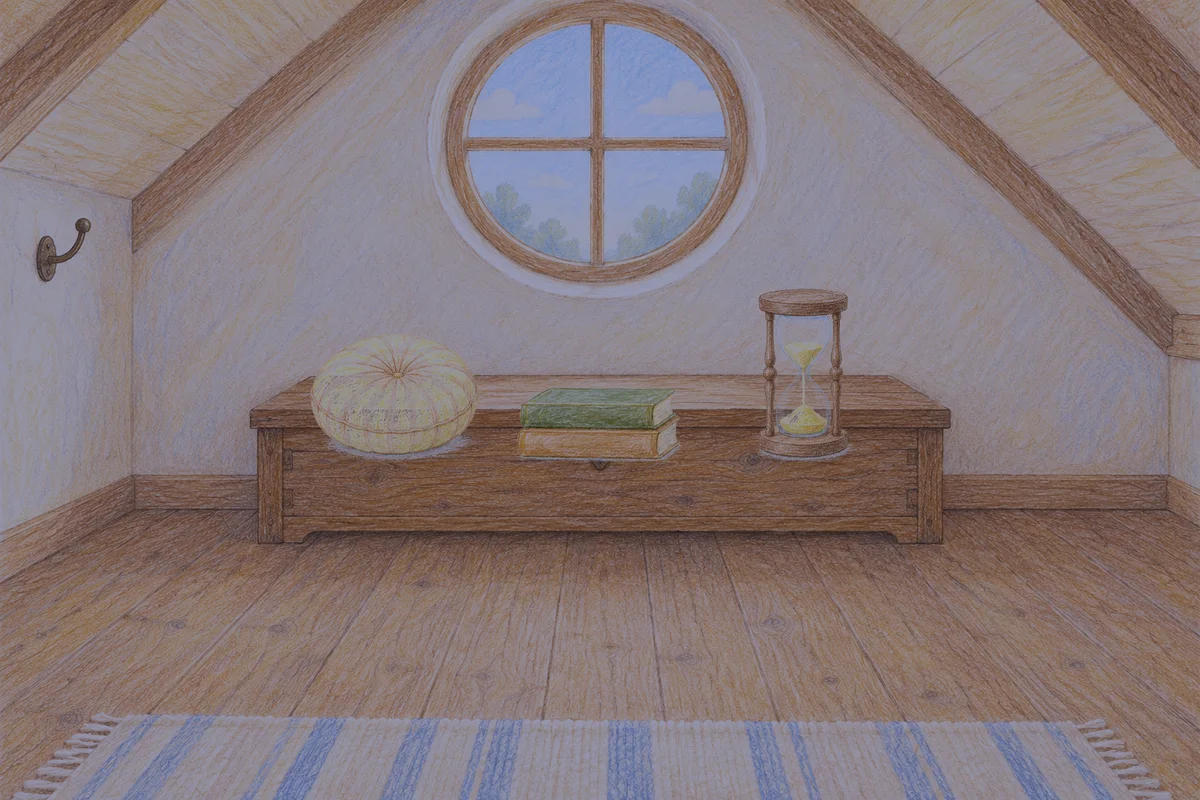 삼성동 여성전용 바디 경락 안내 그림, 밤의 다락방 나무 궤짝 위에 놓인 둥근 쿠션, 책 두 권, 모래시계