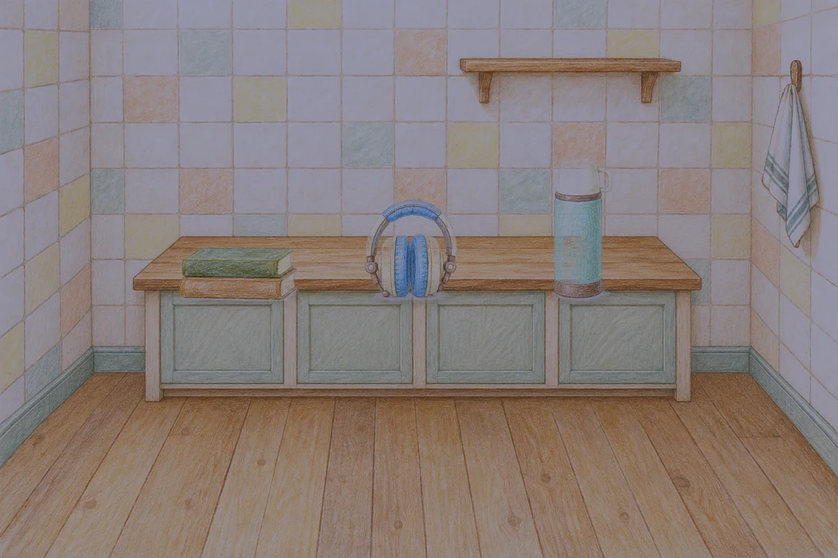 삼성동 여성전용 경락 추천 안내 그림, 밤의 부엌 나무 조리대 위에 놓인 책 두 권, 헤드폰, 보온병