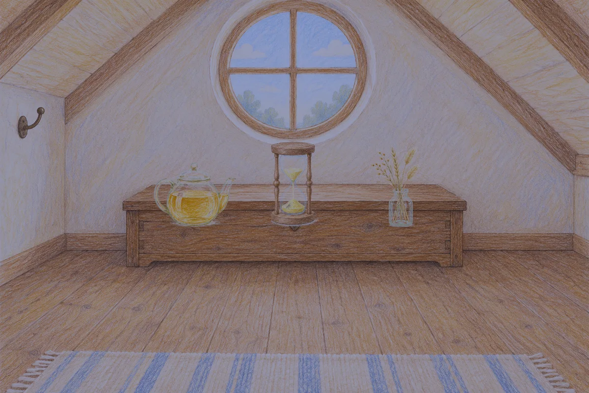 삼성동 여성전용 홈케어 서비스 안내 그림, 밤의 다락방 나무 궤짝 위에 놓인 유리 티포트, 모래시계, 마른 풀을 꽂은 항아리