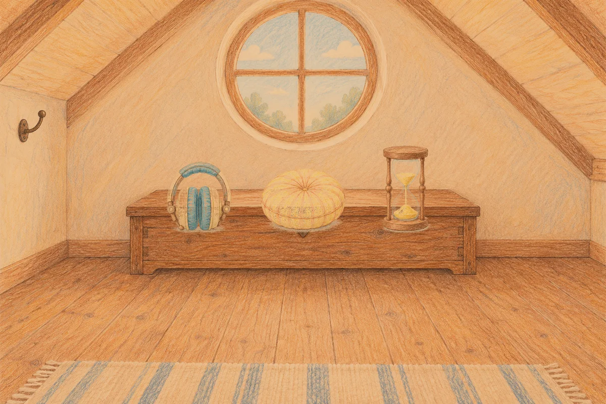 삼성동 여성전용 방문 홈케어 안내 그림, 저녁의 다락방 나무 궤짝 위에 놓인 헤드폰, 둥근 쿠션, 모래시계