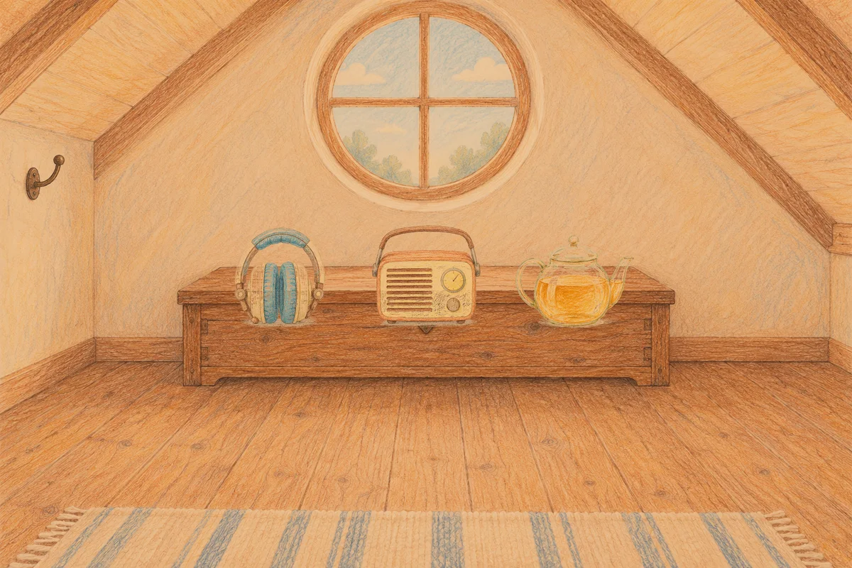 삼성동 여성전용 프라이빗 케어 안내 그림, 저녁의 다락방 나무 궤짝 위에 놓인 헤드폰, 작은 라디오, 유리 티포트