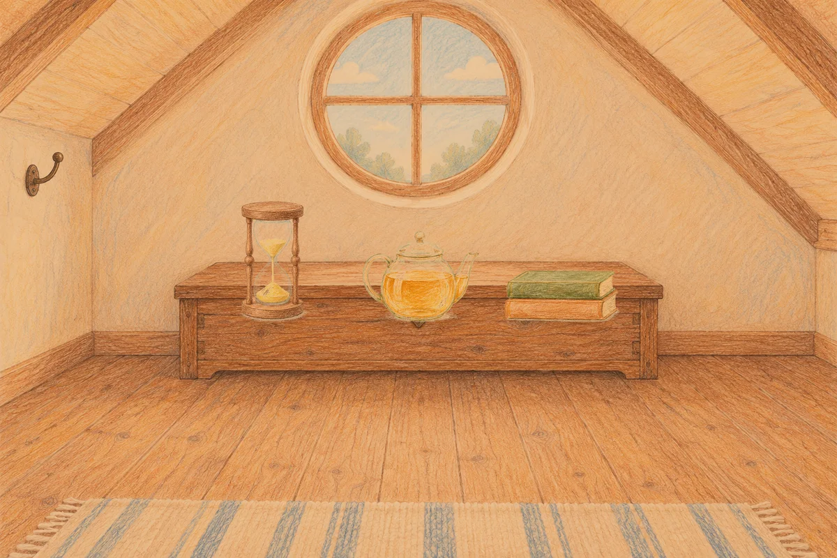 삼성동 여성전용 발관리 안내 그림, 저녁의 다락방 나무 궤짝 위에 놓인 모래시계, 유리 티포트, 책 두 권