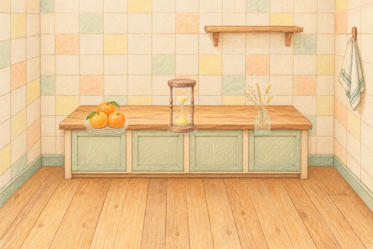 삼성동 여성전용 두피 케어 안내 그림, 낮의 부엌 나무 조리대 위에 놓인 귤이 담긴 접시, 모래시계, 마른 풀을 꽂은 항아리