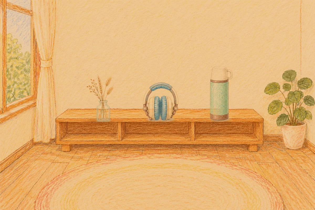 삼성동 여성전용 목 어깨 케어 안내 그림, 저녁의 창가 낮은 선반 위에 놓인 마른 풀을 꽂은 항아리, 헤드폰, 보온병