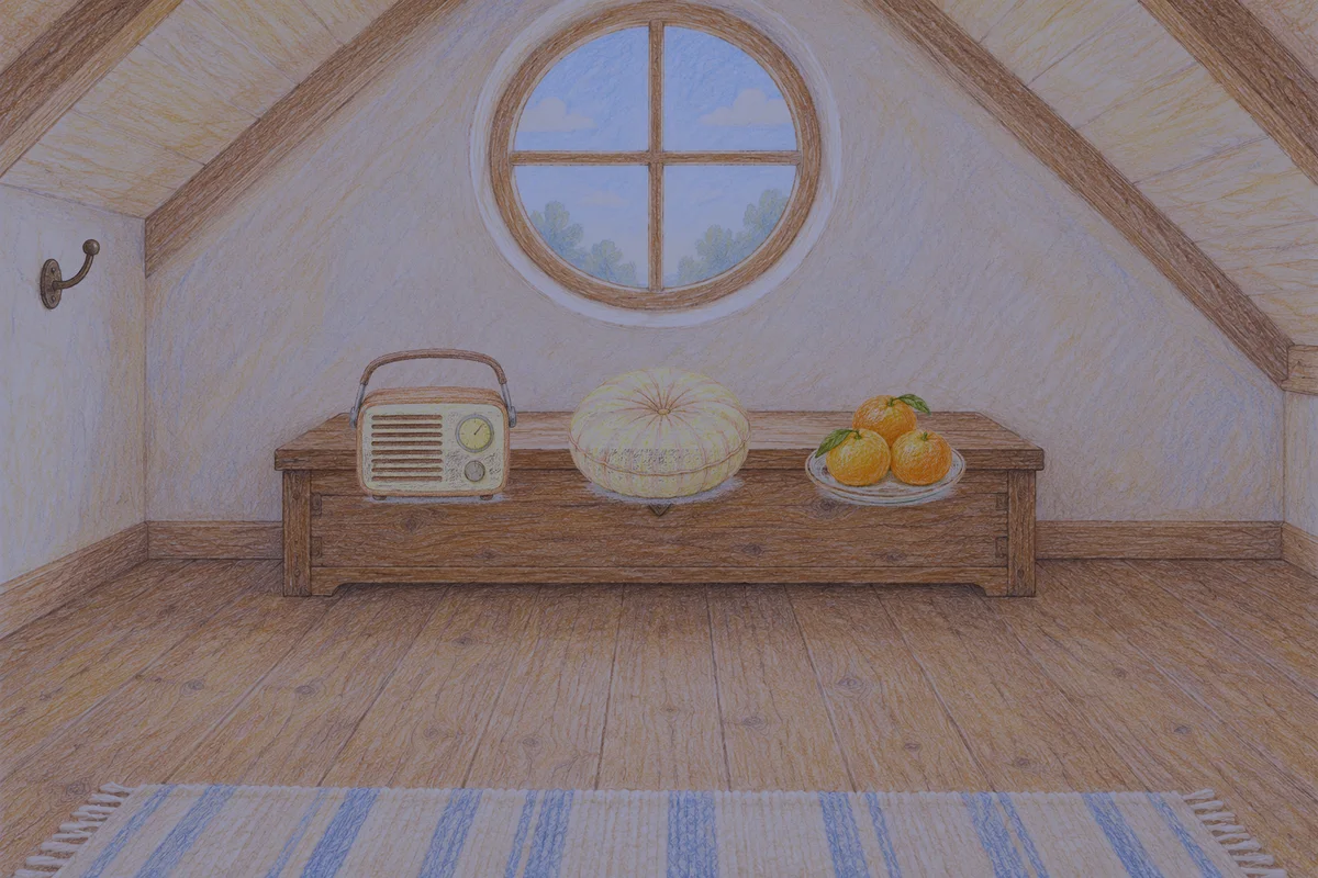 삼성동 여성전용 스트레스 케어 안내 그림, 밤의 다락방 나무 궤짝 위에 놓인 작은 라디오, 둥근 쿠션, 귤이 담긴 접시