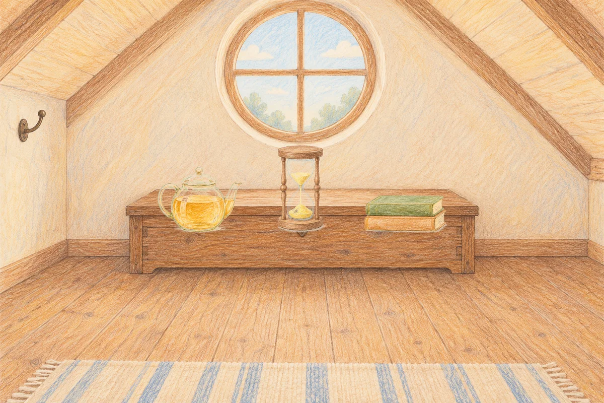 삼성동 여성전용 얼굴 마사지 안내 그림, 낮의 다락방 나무 궤짝 위에 놓인 유리 티포트, 모래시계, 책 두 권