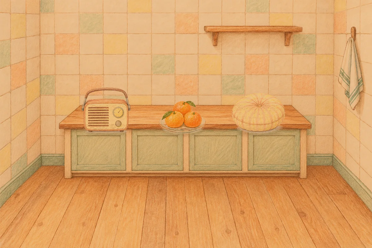 삼성동 여성전용 안티에이징 케어 안내 그림, 저녁의 부엌 나무 조리대 위에 놓인 작은 라디오, 귤이 담긴 접시, 둥근 쿠션