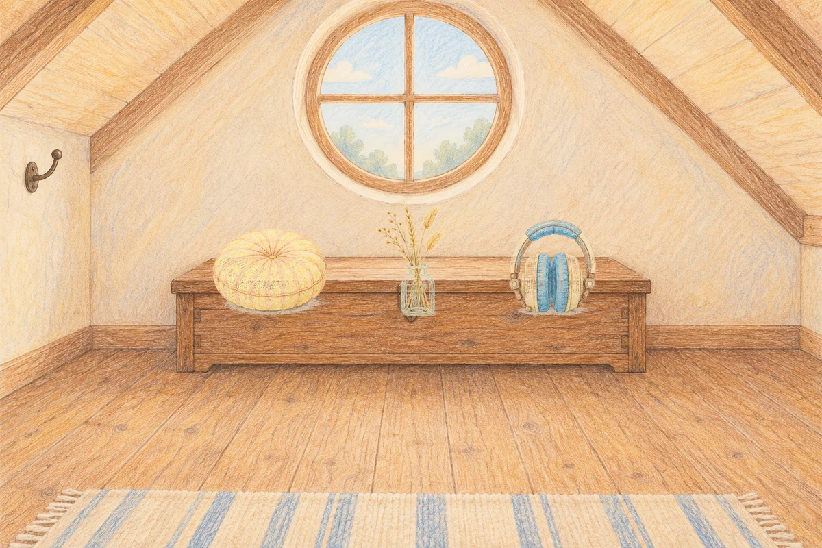 삼성동 여성전용 브라이덜 케어 안내 그림, 낮의 다락방 나무 궤짝 위에 놓인 둥근 쿠션, 마른 풀을 꽂은 항아리, 헤드폰