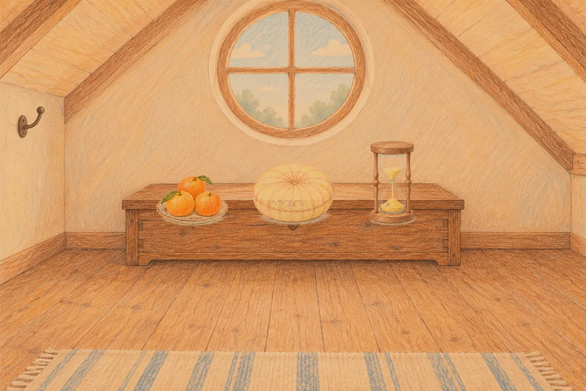 삼성동 여성전용 샵 마사지 안내 그림, 저녁의 다락방 나무 궤짝 위에 놓인 귤이 담긴 접시, 둥근 쿠션, 모래시계