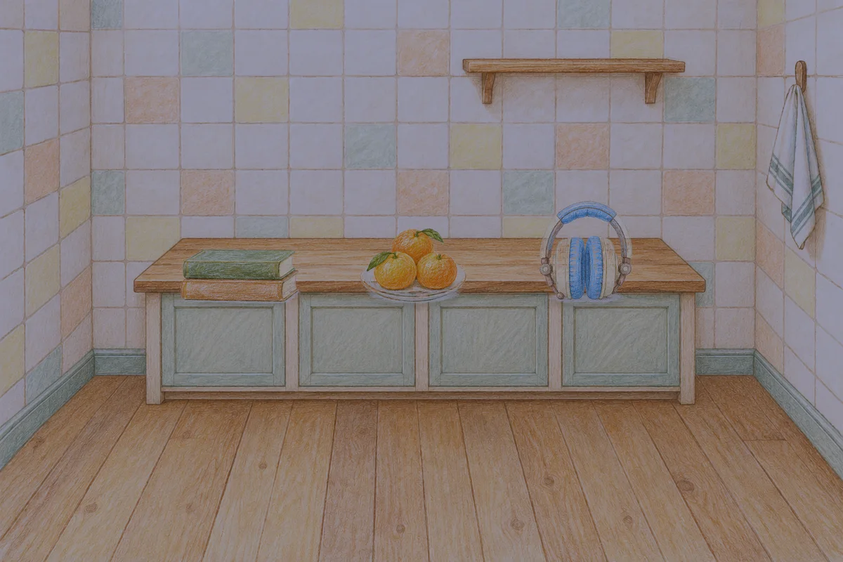 삼성동 여성전용 예약 마사지 안내 그림, 밤의 부엌 나무 조리대 위에 놓인 책 두 권, 귤이 담긴 접시, 헤드폰