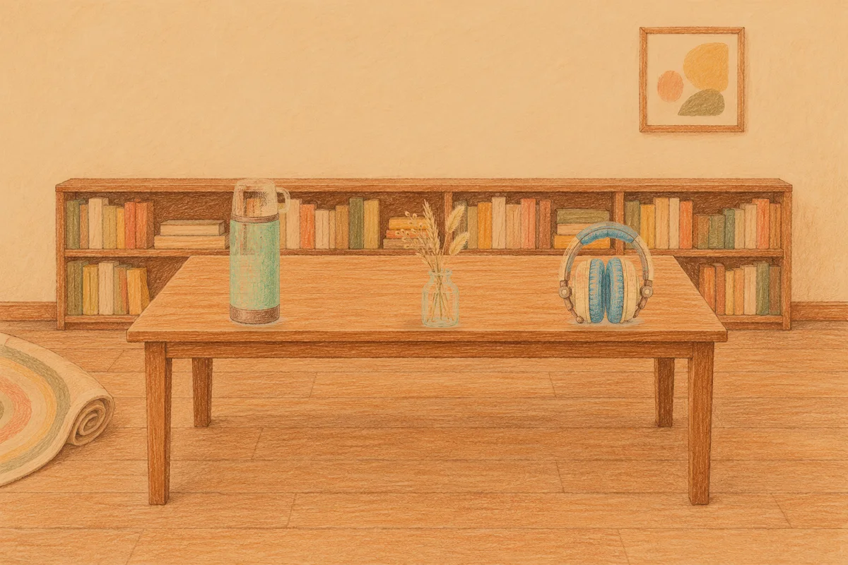 대치동 여성전용 프리미엄 스웨디시 안내 그림, 저녁의 서재 긴 책상 위에 놓인 보온병, 마른 풀을 꽂은 항아리, 헤드폰