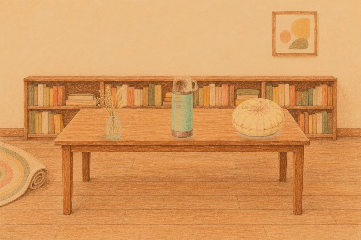 대치동 여성전용 아로마 마사지 후기 안내 그림, 저녁의 서재 긴 책상 위에 놓인 마른 풀을 꽂은 항아리, 보온병, 둥근 쿠션