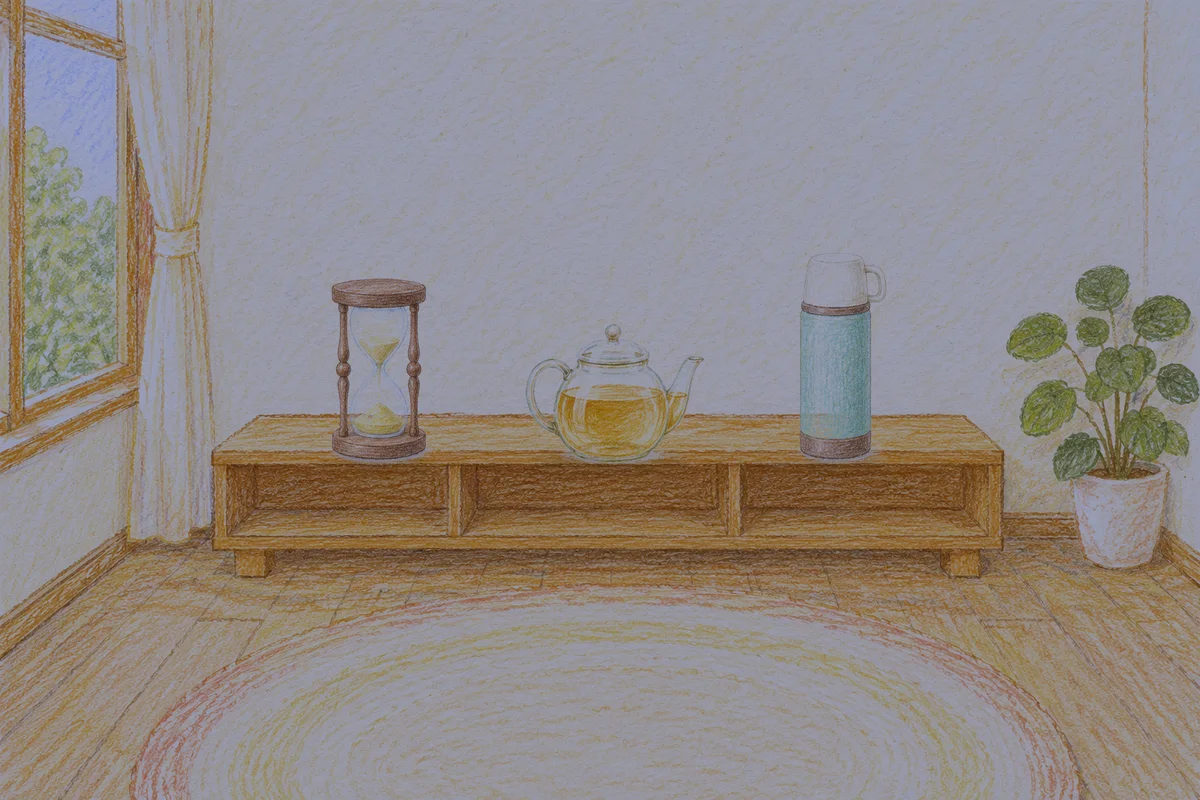 대치동 여성전용 스웨디시 가격 안내 그림, 밤의 창가 낮은 선반 위에 놓인 모래시계, 유리 티포트, 보온병
