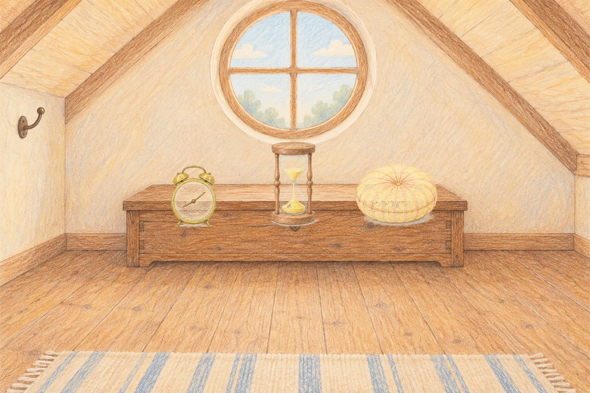 대치동 여성전용 아로마 추천 안내 그림, 낮의 다락방 나무 궤짝 위에 놓인 둥근 알람시계, 모래시계, 둥근 쿠션