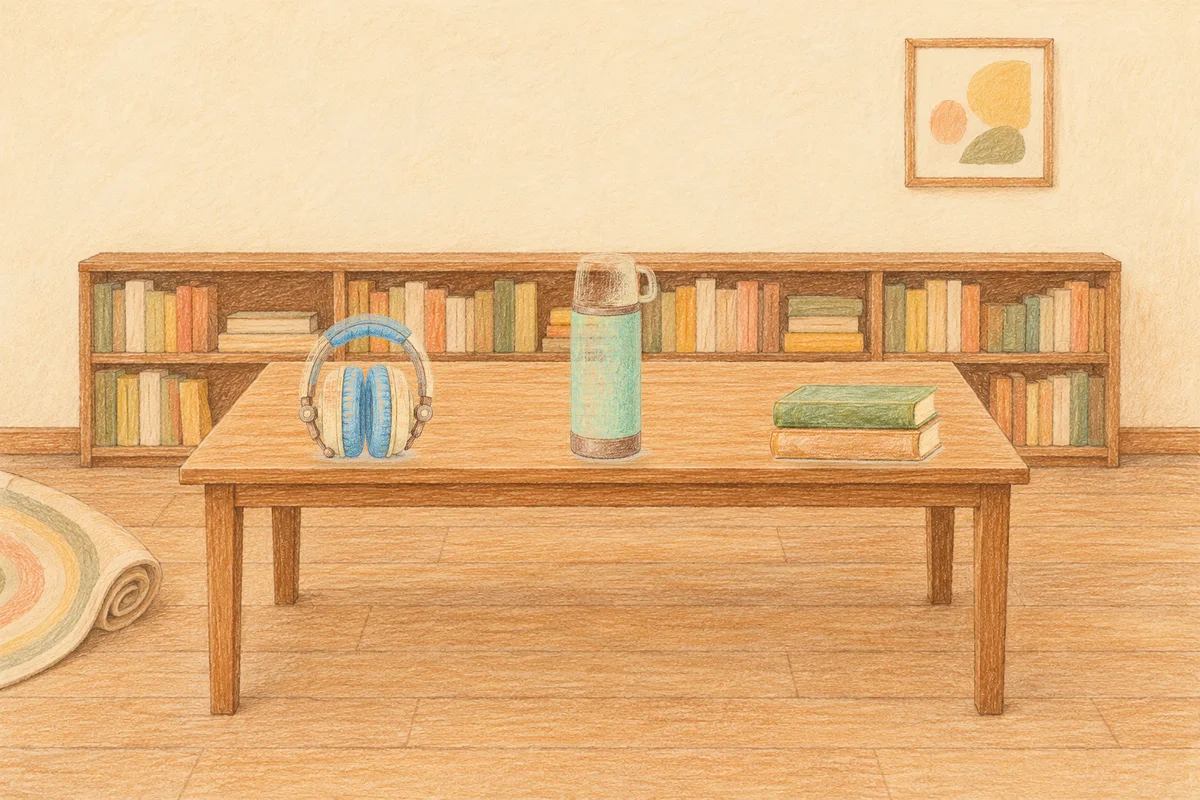대치동 여성전용 바디 경락 안내 그림, 낮의 서재 긴 책상 위에 놓인 헤드폰, 보온병, 책 두 권