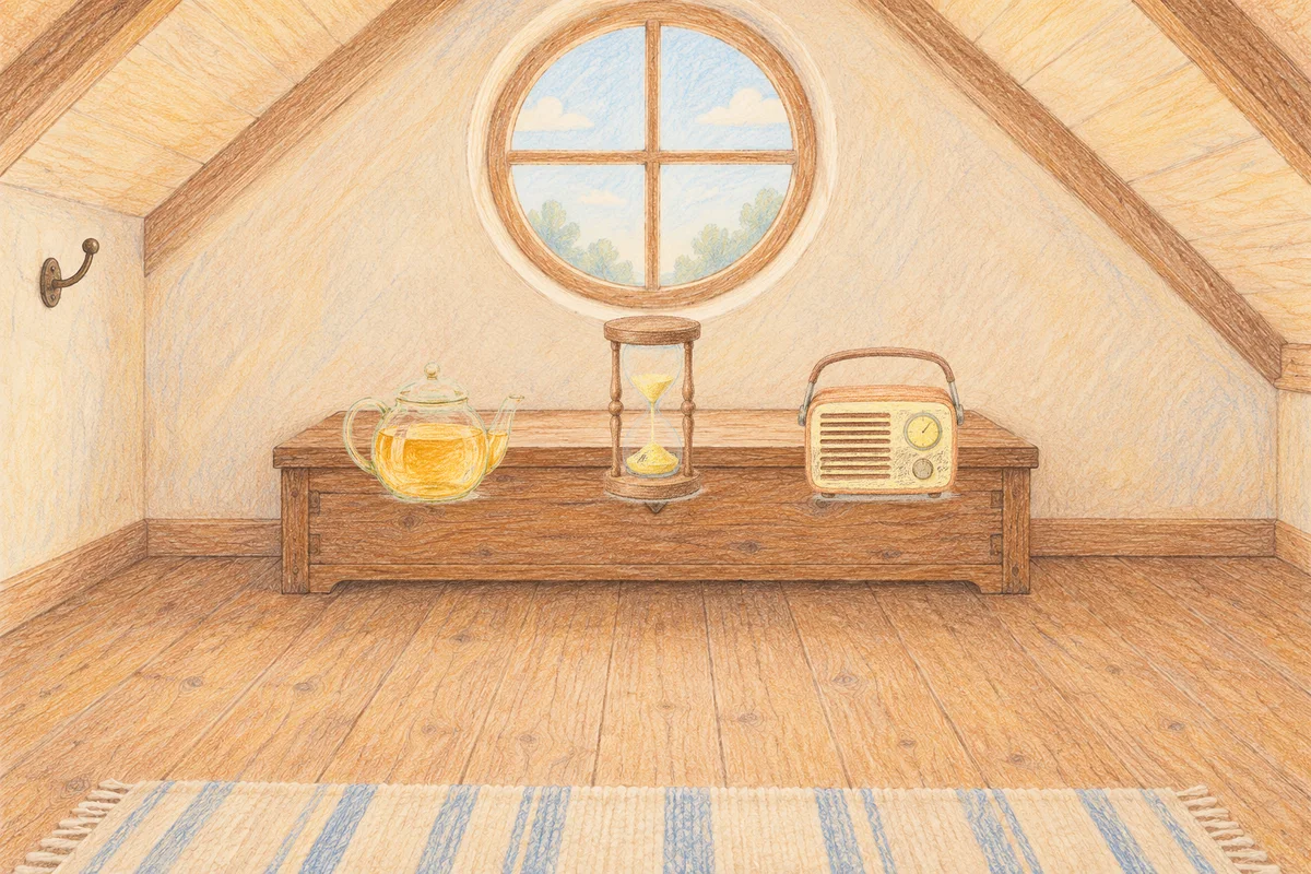 대치동 여성전용 방문 마사지 안내 그림, 낮의 다락방 나무 궤짝 위에 놓인 유리 티포트, 모래시계, 작은 라디오
