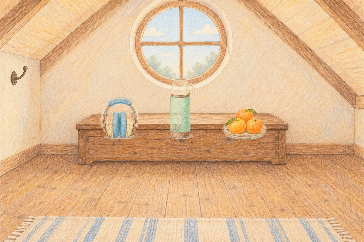 대치동 여성전용 프라이빗 케어 안내 그림, 낮의 다락방 나무 궤짝 위에 놓인 헤드폰, 보온병, 귤이 담긴 접시