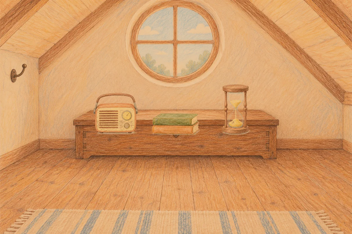 대치동 여성전용 홈케어 추천 안내 그림, 저녁의 다락방 나무 궤짝 위에 놓인 작은 라디오, 책 두 권, 모래시계