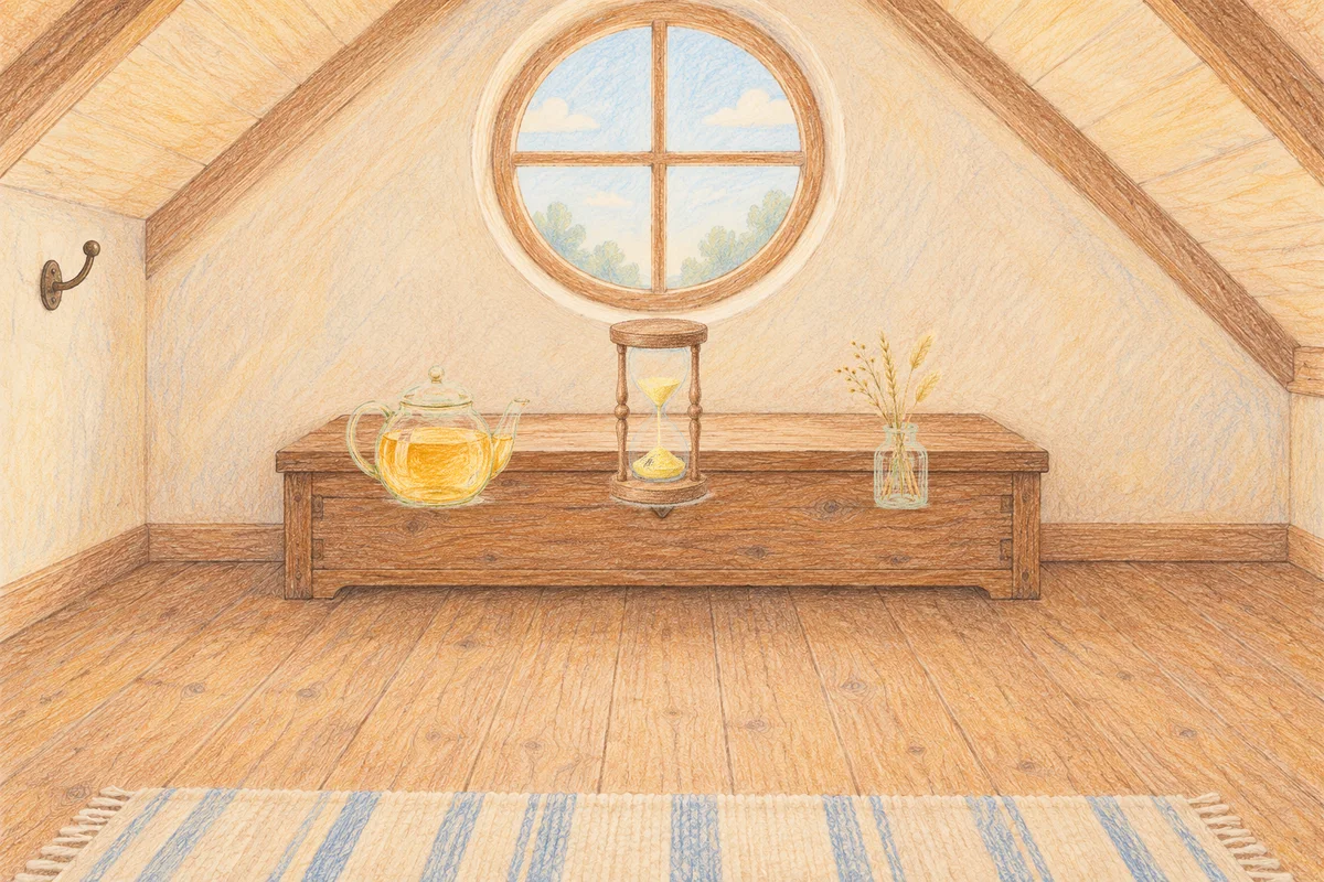대치동 여성전용 발관리 안내 그림, 낮의 다락방 나무 궤짝 위에 놓인 유리 티포트, 모래시계, 마른 풀을 꽂은 항아리