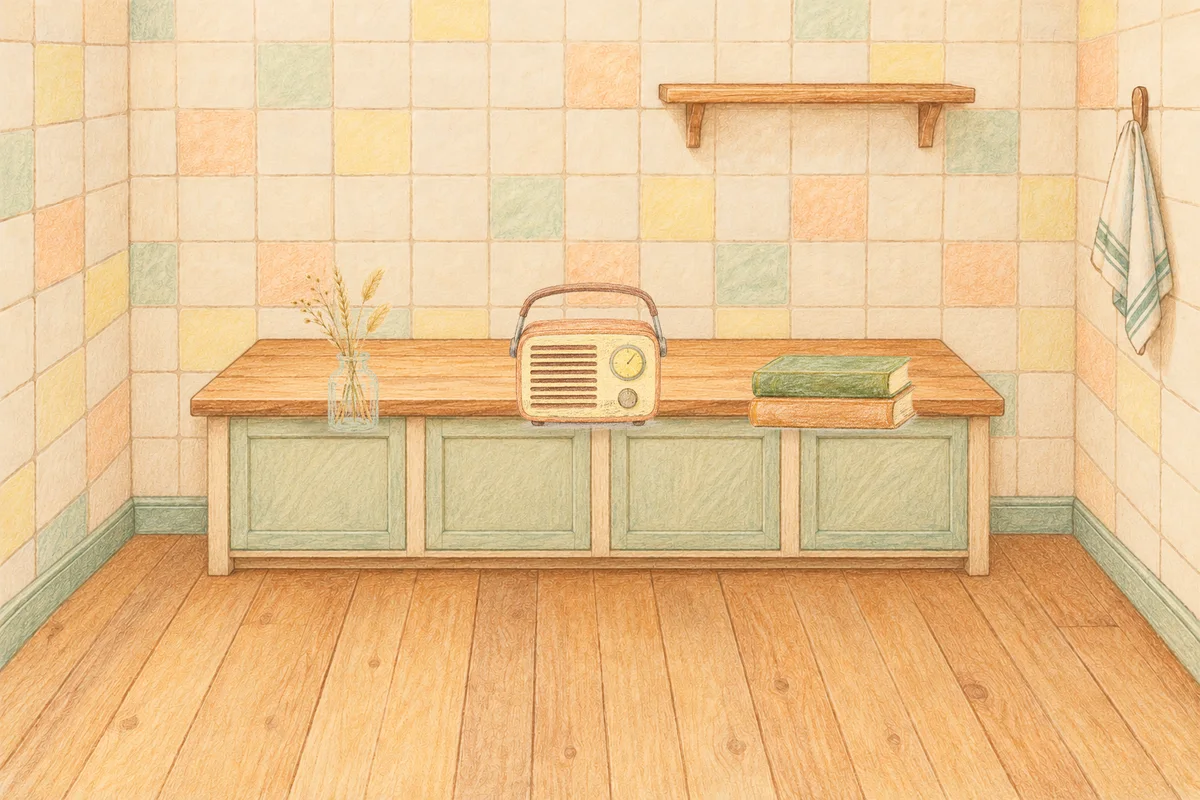대치동 여성전용 발마사지 안내 그림, 낮의 부엌 나무 조리대 위에 놓인 마른 풀을 꽂은 항아리, 작은 라디오, 책 두 권