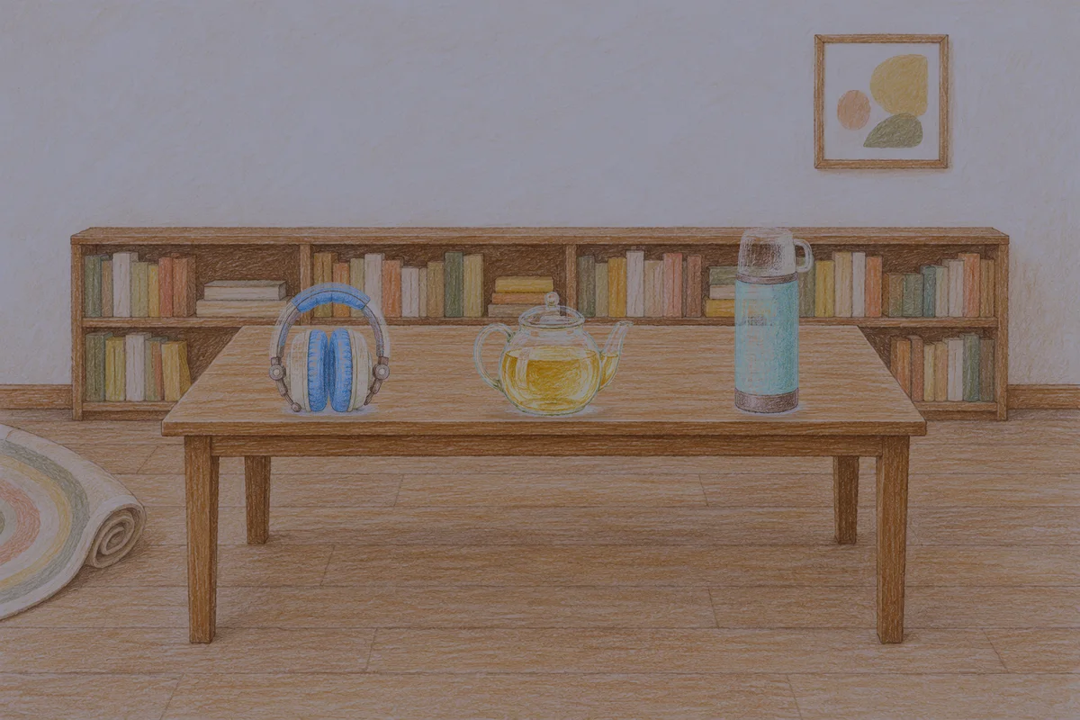 대치동 여성전용 발 케어 안내 그림, 밤의 서재 긴 책상 위에 놓인 헤드폰, 유리 티포트, 보온병