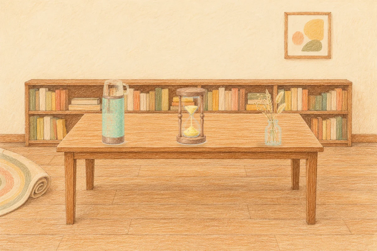 대치동 여성전용 발관리 후기 안내 그림, 낮의 서재 긴 책상 위에 놓인 보온병, 모래시계, 마른 풀을 꽂은 항아리