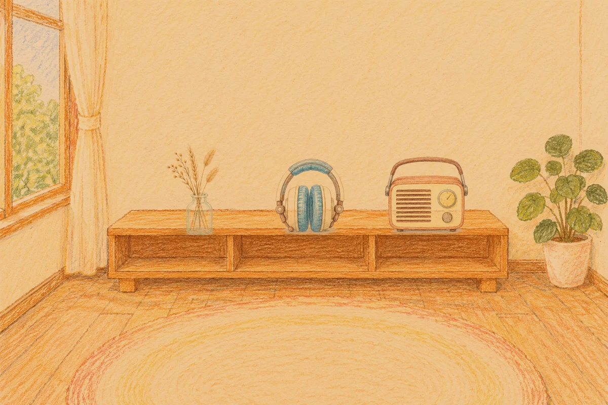 대치동 여성전용 발관리 추천 안내 그림, 저녁의 창가 낮은 선반 위에 놓인 마른 풀을 꽂은 항아리, 헤드폰, 작은 라디오