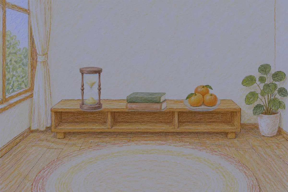 대치동 여성전용 셀룰라이트 관리 안내 그림, 밤의 창가 낮은 선반 위에 놓인 모래시계, 책 두 권, 귤이 담긴 접시