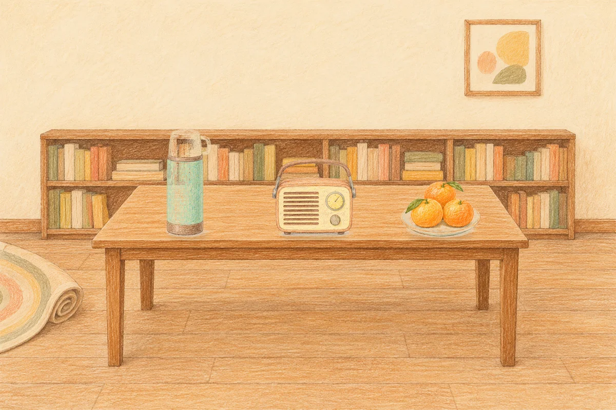 대치동 여성전용 슬리밍 마사지 안내 그림, 낮의 서재 긴 책상 위에 놓인 보온병, 작은 라디오, 귤이 담긴 접시