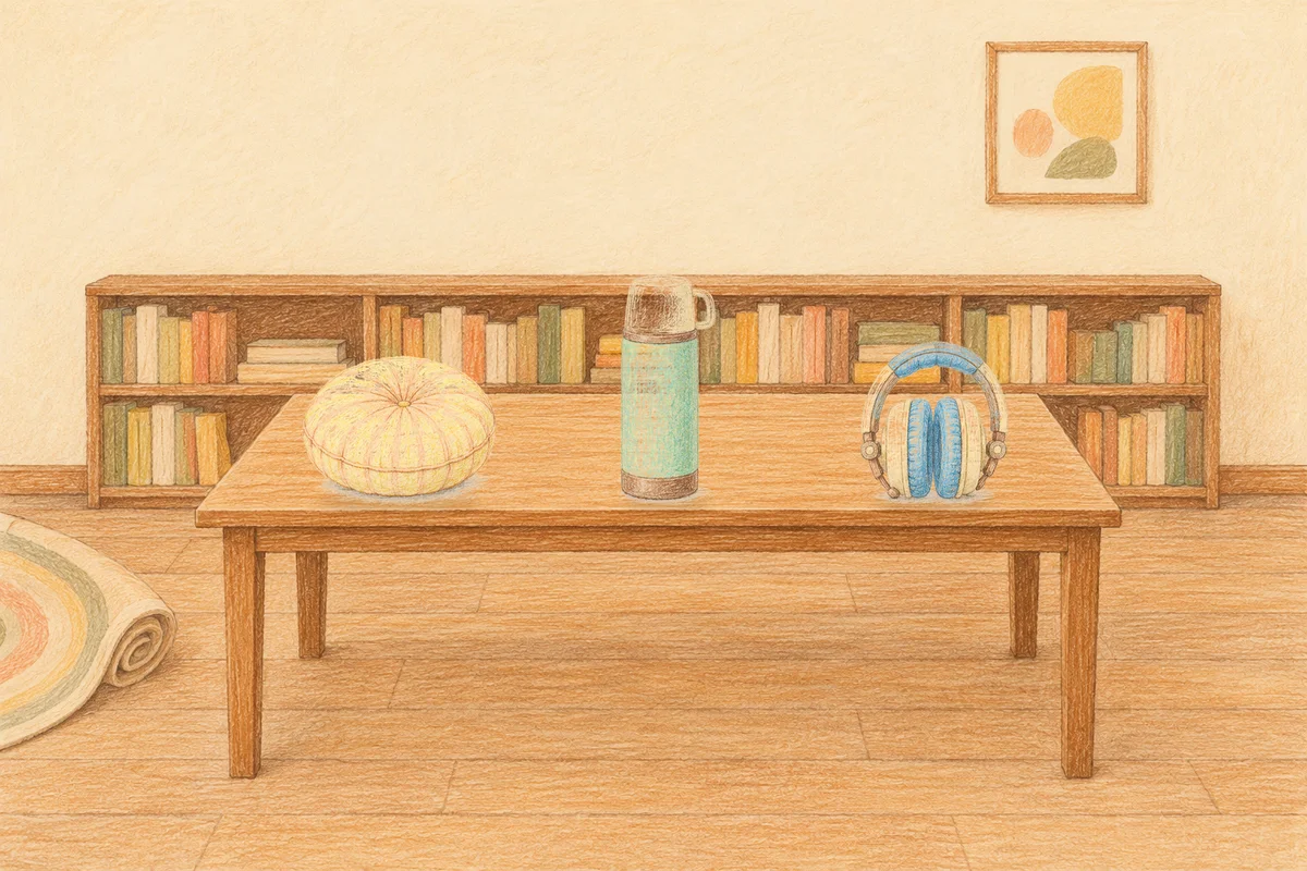대치동 여성전용 두피 케어 안내 그림, 낮의 서재 긴 책상 위에 놓인 둥근 쿠션, 보온병, 헤드폰