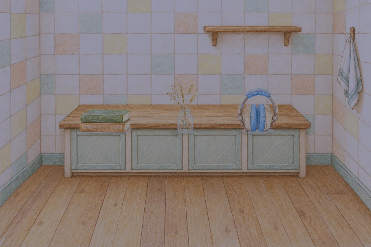 대치동 여성전용 두통 완화 마사지 안내 그림, 밤의 부엌 나무 조리대 위에 놓인 책 두 권, 마른 풀을 꽂은 항아리, 헤드폰