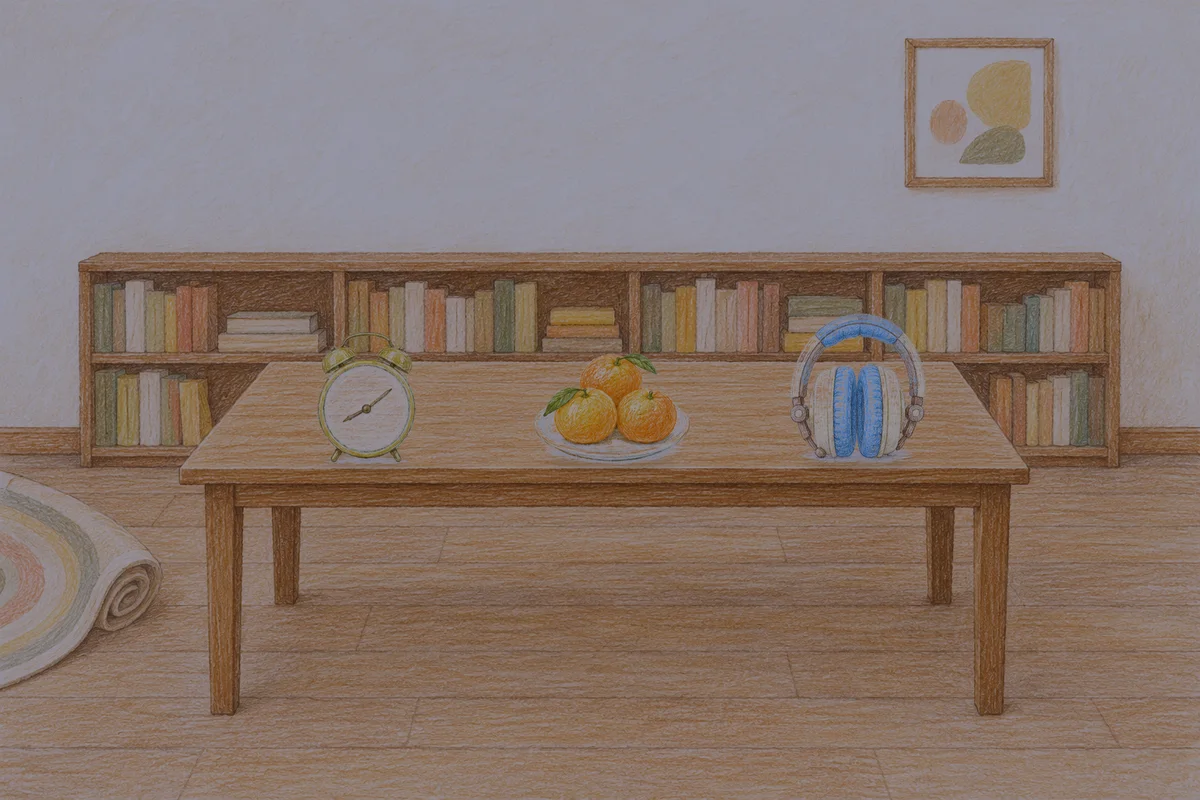 대치동 여성전용 수면 케어 안내 그림, 밤의 서재 긴 책상 위에 놓인 둥근 알람시계, 귤이 담긴 접시, 헤드폰