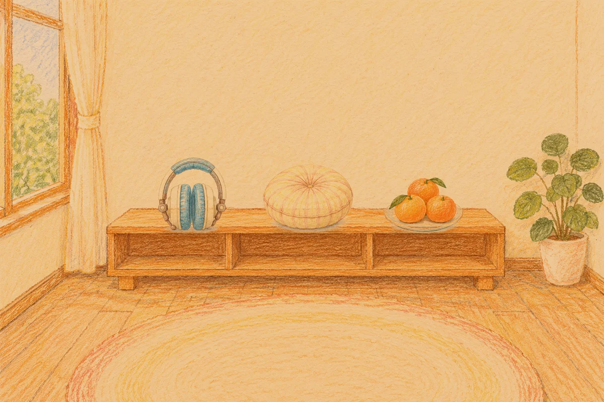 대치동 여성전용 림프 페이셜 안내 그림, 저녁의 창가 낮은 선반 위에 놓인 헤드폰, 둥근 쿠션, 귤이 담긴 접시